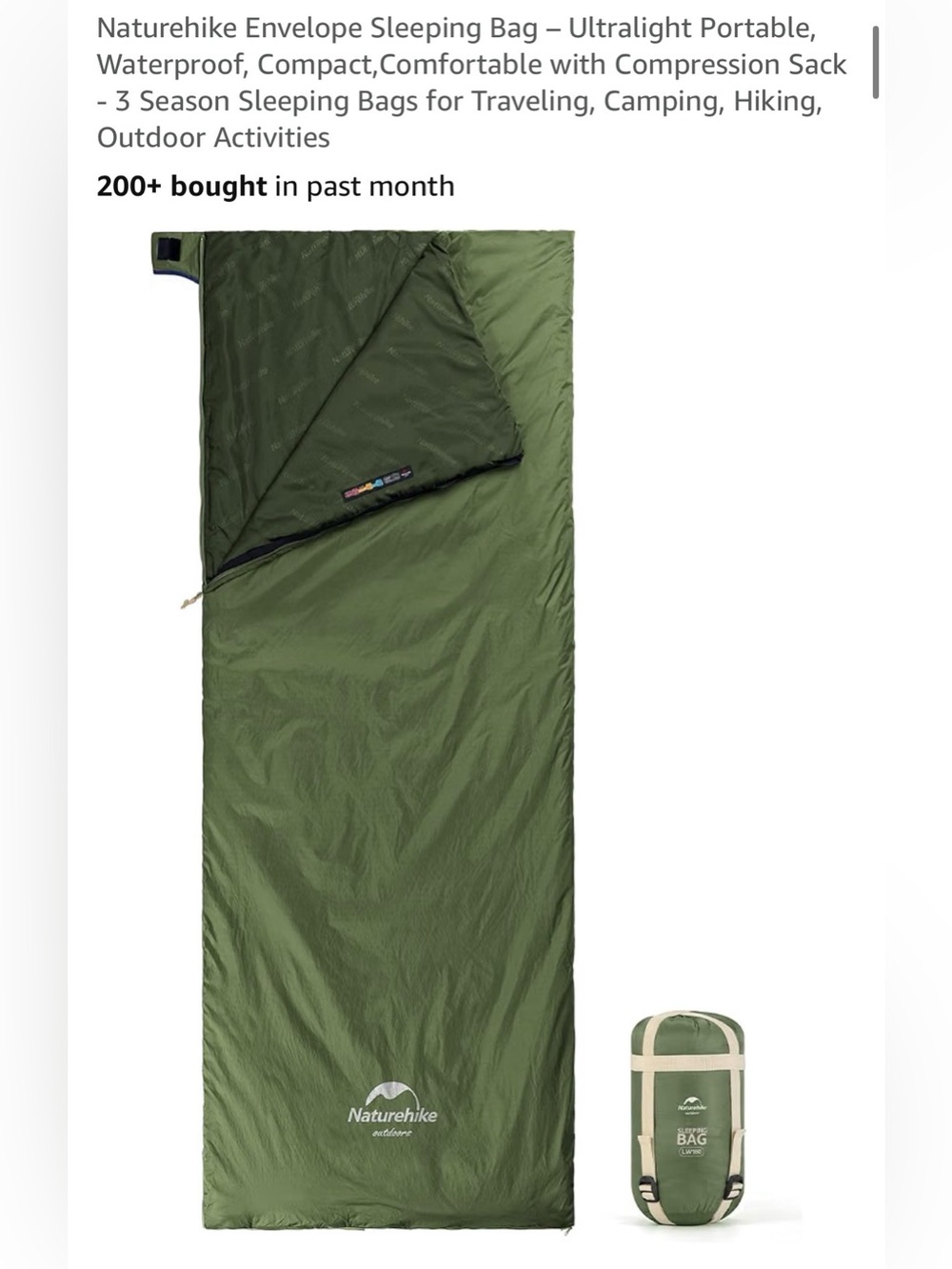 Naturehike Olive Green Outdoor Sleeping Bag Portable Used Once